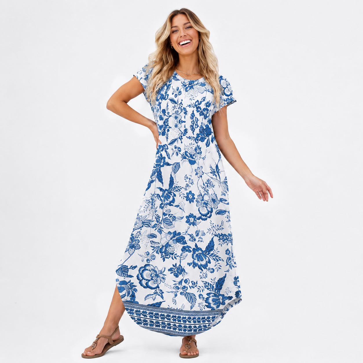 Women's Summer Maxi Dress ✨ Cap Sleeve Crewneck Casual Dress with Pockets | Flattering Fit, Wrinkle Resistant & Beach Ready