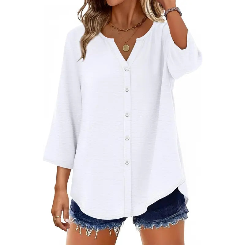 Women's V-Neck Button-Down Blouse ✨ 3/4 Sleeve Loose Fit Business Casual Top