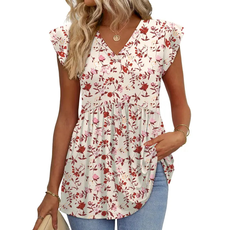 Women's Summer Babydoll Top 🌸 V-Neck Ruffle Sleeve Dressy Casual Blouse