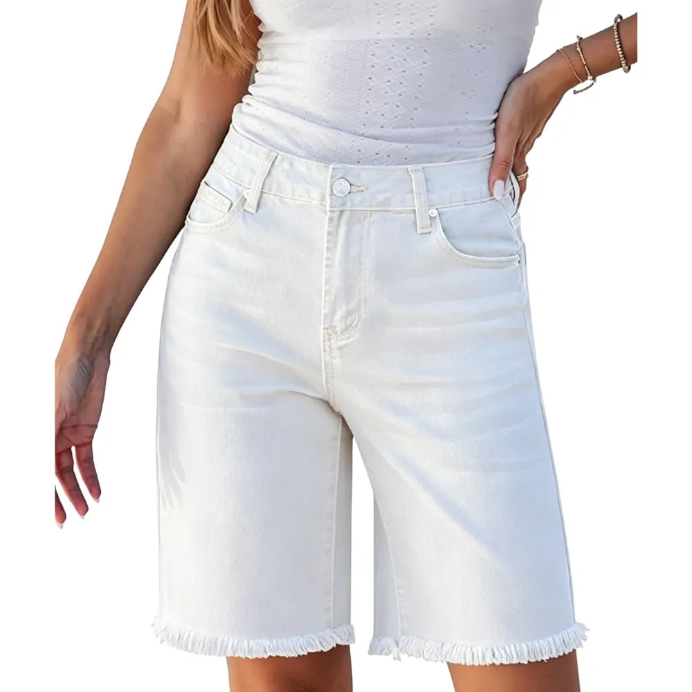 Jean Bermuda Shorts for Women Trendy Mid Rise Raw Hem Knee Length Stretchy Denim Long Shorts