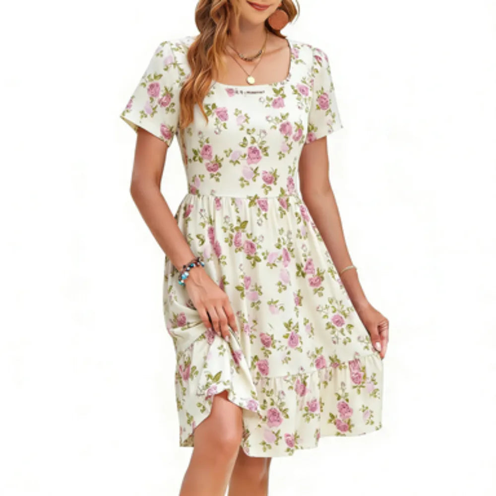 Women Square Neck Floral Print Ruffle Hem Empire Waist A-Line Dress with Pockets