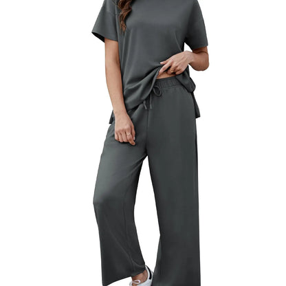 Women's 2 Piece Lounge Set – Short Sleeve Top & Wide Leg Pants Casual Matching Outfit