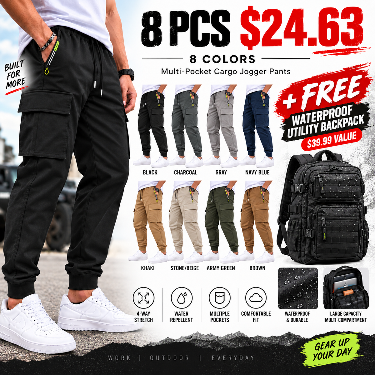 🔥 BESTSELLER | 8PCS $24.63 | Men's Multi-Pocket Cargo Jogger Pants
