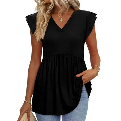 Women's Summer Babydoll Top 🌸 V-Neck Ruffle Sleeve Dressy Casual Blouse