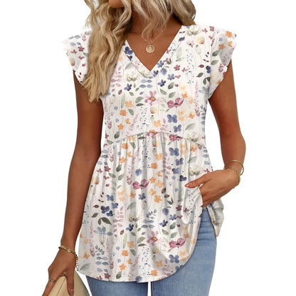 Women's Summer Babydoll Top 🌸 V-Neck Ruffle Sleeve Dressy Casual Blouse