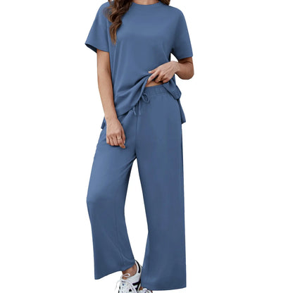 Women's 2 Piece Lounge Set – Short Sleeve Top & Wide Leg Pants Casual Matching Outfit