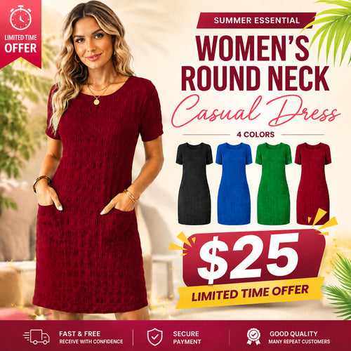 Women's Round Neck Textured Knee-Length Dress