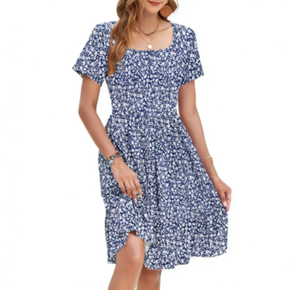 Women Square Neck Floral Print Ruffle Hem Empire Waist A-Line Dress with Pockets