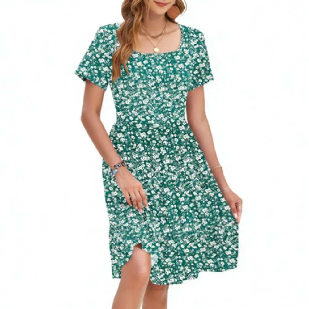 Women Square Neck Floral Print Ruffle Hem Empire Waist A-Line Dress with Pockets
