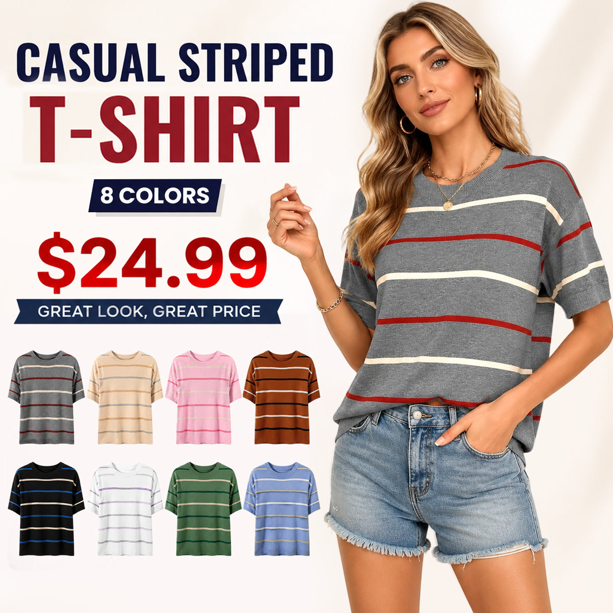 Women's Striped Knit Sweater Top ✨ Soft Fabric Crewneck Short Sleeve Flattering Fit Blouse