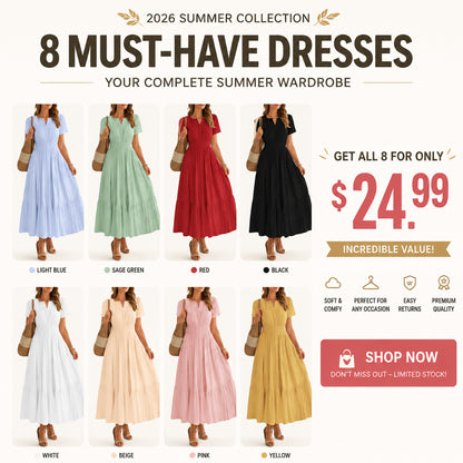 Women's Summer Boho Midi Maxi Dress 🌸 Lightweight V Neck Elastic Waist with Pockets | Casual Beach Dress