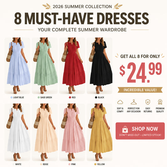 Women's Summer Boho Midi Maxi Dress 🌸 Lightweight V Neck Elastic Waist with Pockets | Casual Beach Dress