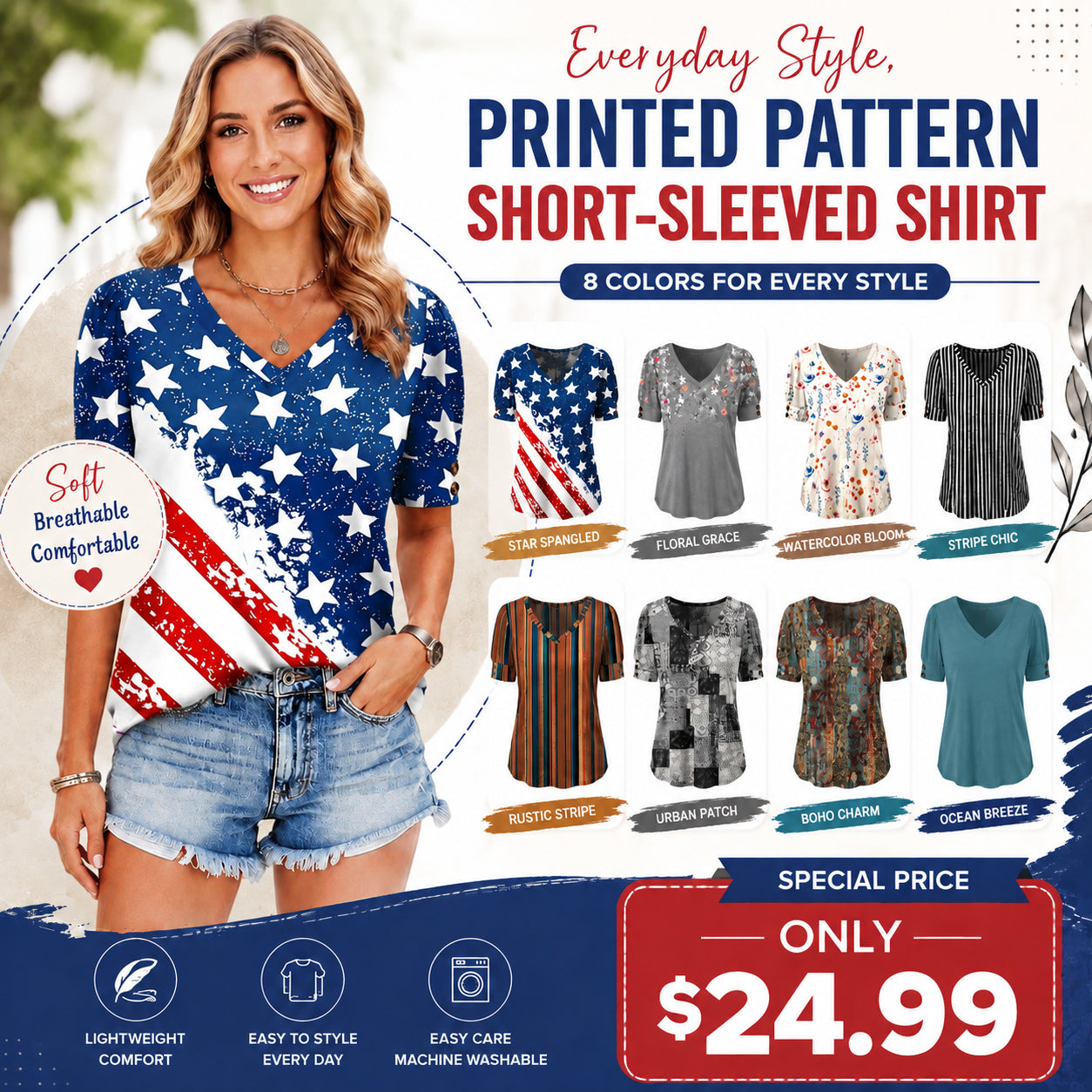Women's V-Neck Button Blouse ✨ Short Sleeve Dressy Casual Summer Top