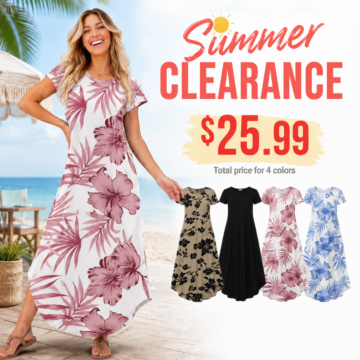 Women's Summer Maxi Dress ✨ Cap Sleeve Crewneck Casual Dress with Pockets | Flattering Fit, Wrinkle Resistant & Beach Ready