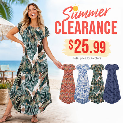 Women's Summer Maxi Dress ✨ Cap Sleeve Crewneck Casual Dress with Pockets | Flattering Fit, Wrinkle Resistant & Beach Ready