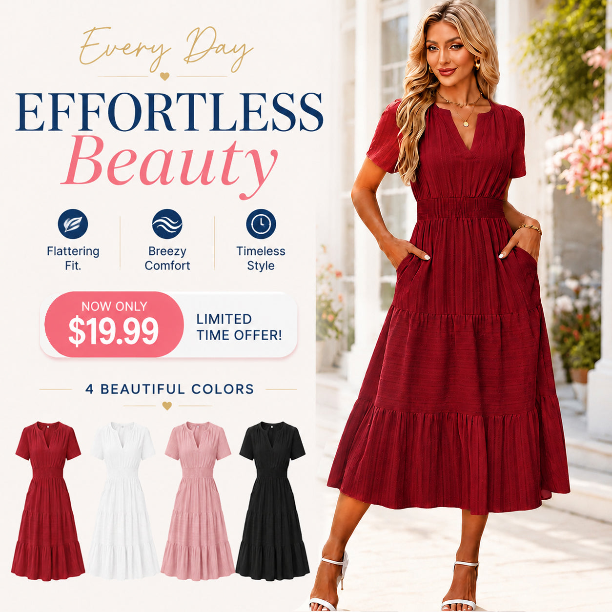 Women's Summer Boho Midi Maxi Dress 🌸 Lightweight V Neck Elastic Waist with Pockets | Casual Beach Dress