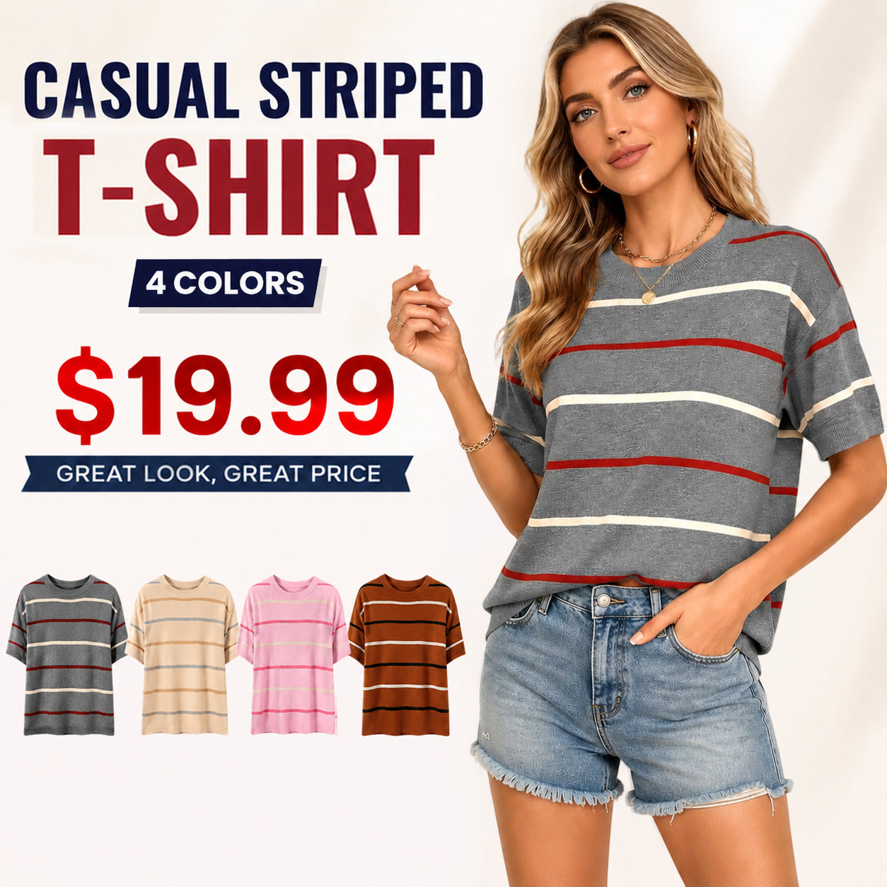Women's Striped Knit Sweater Top ✨ Soft Fabric Crewneck Short Sleeve Flattering Fit Blouse