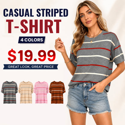 Women's Striped Knit Sweater Top ✨ Soft Fabric Crewneck Short Sleeve Flattering Fit Blouse
