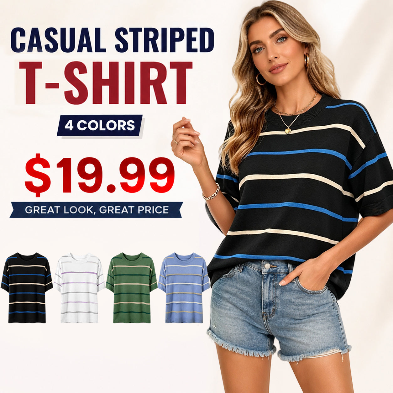 Women's Striped Knit Sweater Top ✨ Soft Fabric Crewneck Short Sleeve Flattering Fit Blouse
