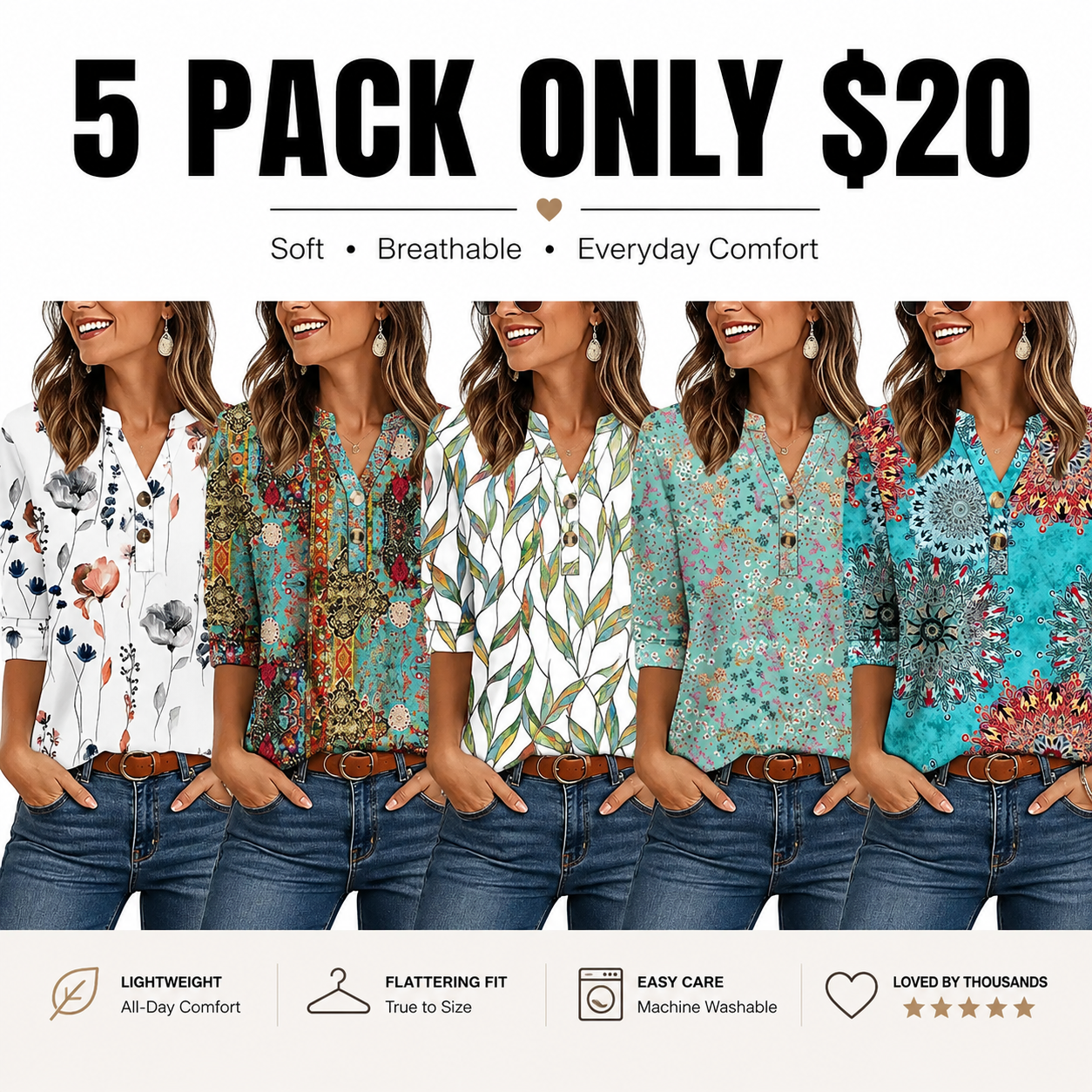 Women's 3/4 Sleeve Henley Top ✨ Casual Summer Blouse for Everyday Style