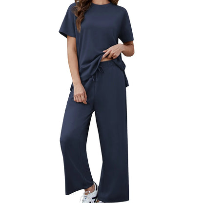 Women's 2 Piece Lounge Set – Short Sleeve Top & Wide Leg Pants Casual Matching Outfit