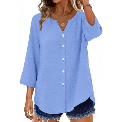 Women's V-Neck Button-Down Blouse ✨ 3/4 Sleeve Loose Fit Business Casual Top