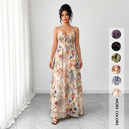 Women's Floral Spaghetti Strap Maxi Dress 🌸 Boho A-Line Summer Dress for Beach Vacation