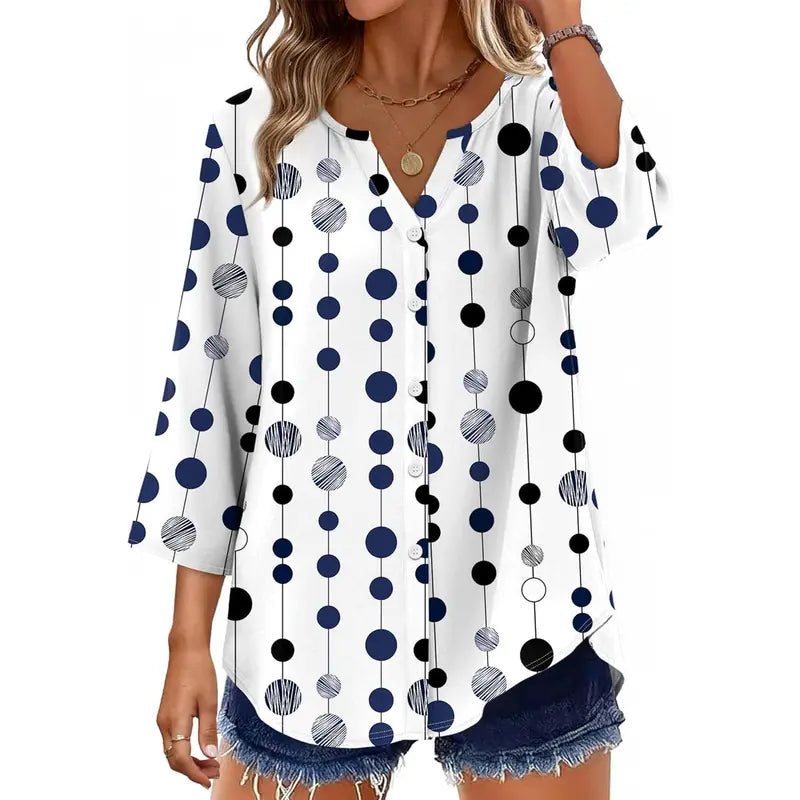 Women's V-Neck Button-Down Blouse ✨ 3/4 Sleeve Loose Fit Business Casual Top