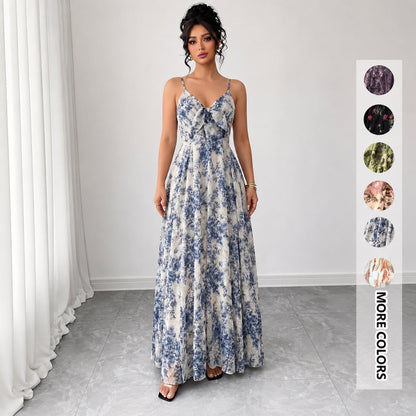 Women's Floral Spaghetti Strap Maxi Dress 🌸 Boho A-Line Summer Dress for Beach Vacation
