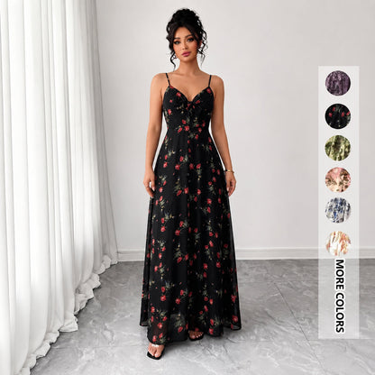 Women's Floral Spaghetti Strap Maxi Dress 🌸 Boho A-Line Summer Dress for Beach Vacation