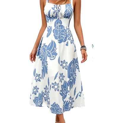 🌸  Trending Floral Maxi Dress ✿ Women's Wide Strap Backless Ruched Sleeveless Summer Dress ✿ Elegant Vacation Casual Long Dress