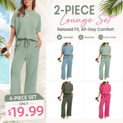 Women's Summer 2-Piece Lounge Set ✨ Soft Lightweight Breathable Outfit with Wide-Leg Crop Pants