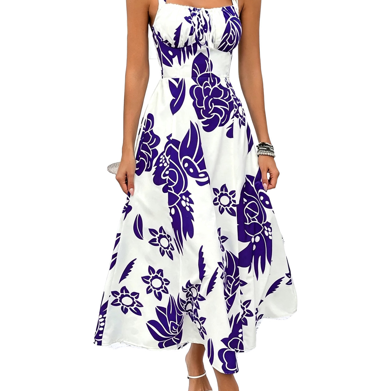 🌸  Trending Floral Maxi Dress ✿ Women's Wide Strap Backless Ruched Sleeveless Summer Dress ✿ Elegant Vacation Casual Long Dress