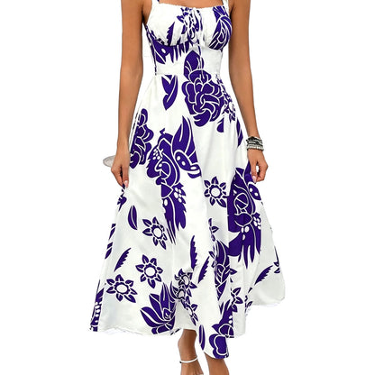 🌸  Trending Floral Maxi Dress ✿ Women's Wide Strap Backless Ruched Sleeveless Summer Dress ✿ Elegant Vacation Casual Long Dress