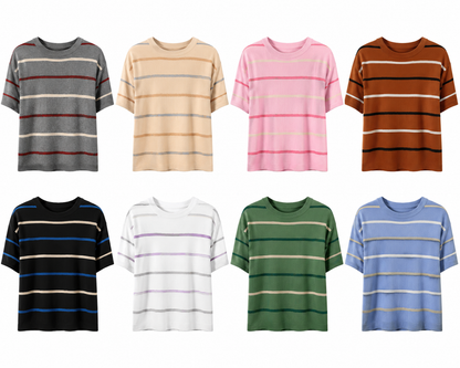 Women's Striped Knit Sweater Top ✨ Soft Fabric Crewneck Short Sleeve Flattering Fit Blouse
