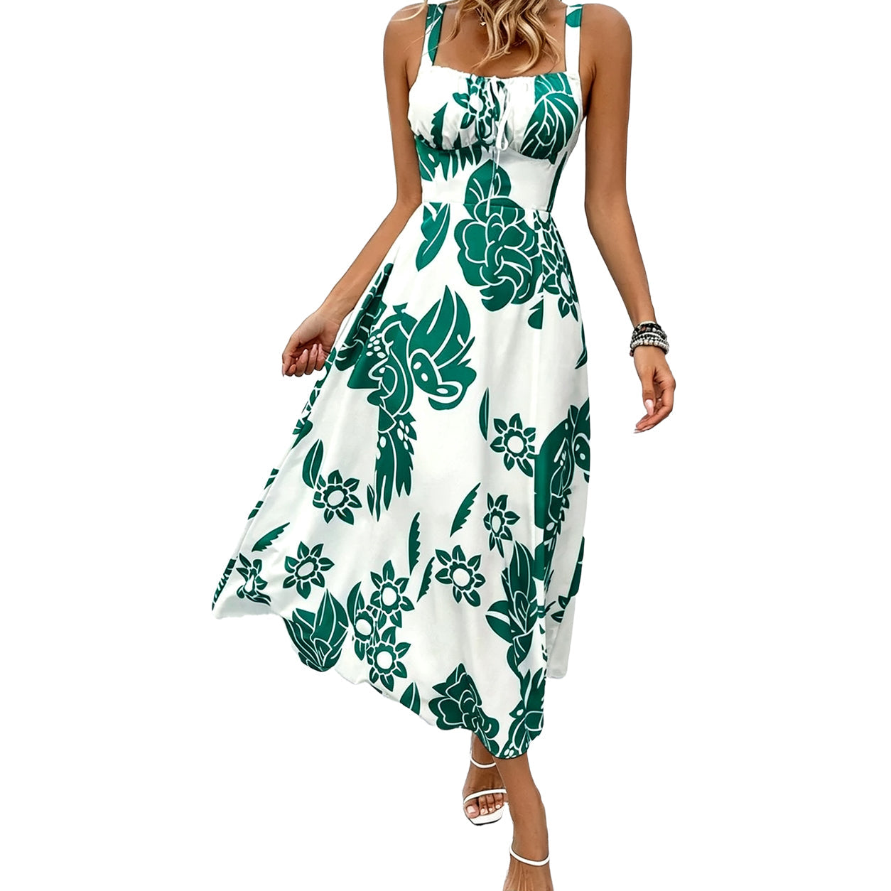 🌸  Trending Floral Maxi Dress ✿ Women's Wide Strap Backless Ruched Sleeveless Summer Dress ✿ Elegant Vacation Casual Long Dress