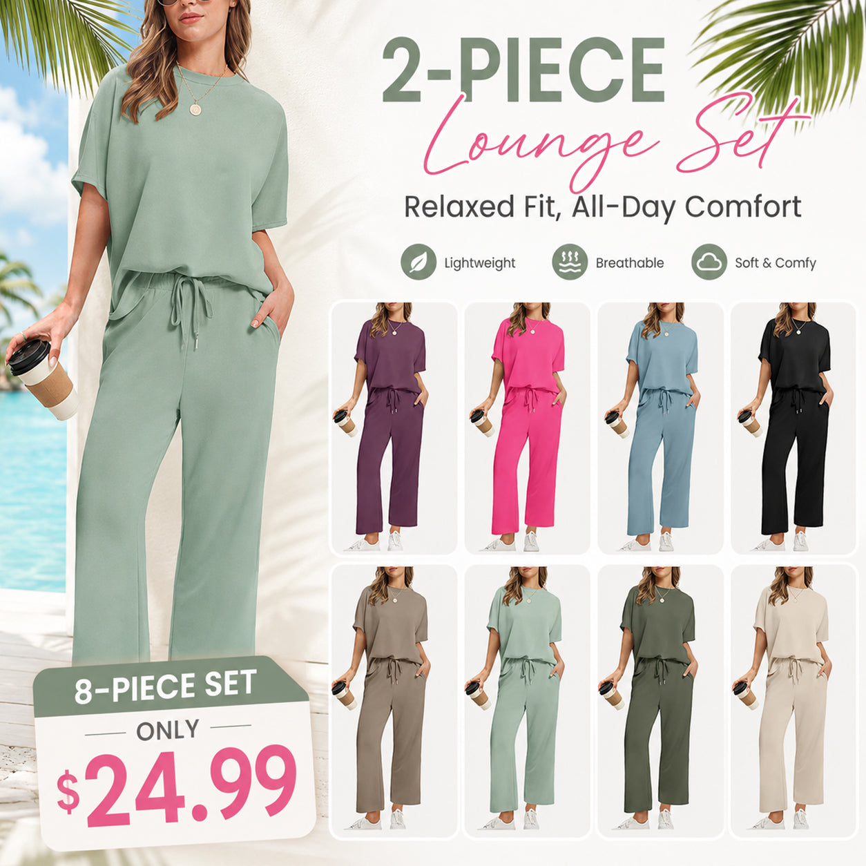 Women's Summer 2-Piece Lounge Set ✨ Soft Lightweight Breathable Outfit with Wide-Leg Crop Pants