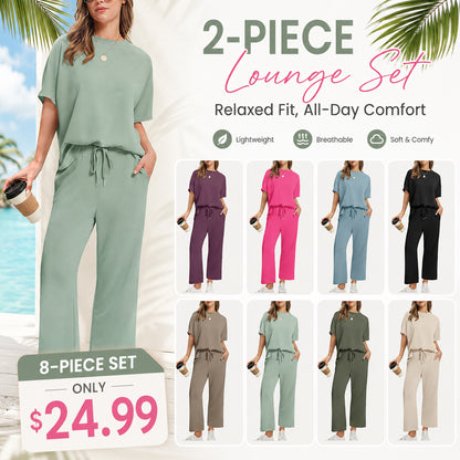 Women's Summer 2-Piece Lounge Set ✨ Soft Lightweight Breathable Outfit with Wide-Leg Crop Pants