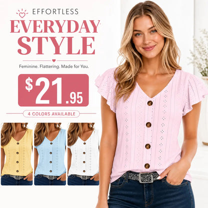 Women's Ruffle V-Neck Blouse ✨ Loose Fit Short Sleeve Summer Top