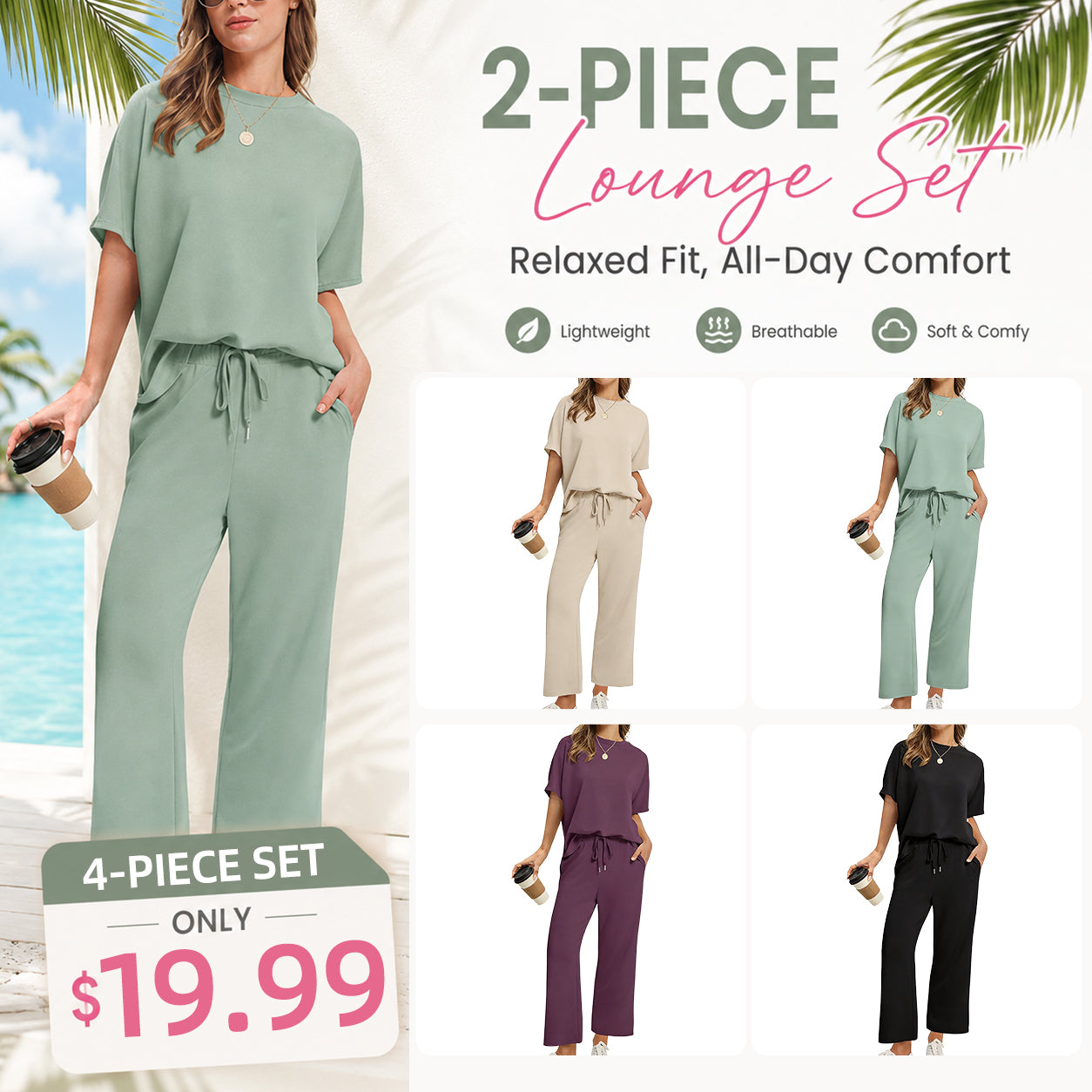 Women's Summer 2-Piece Lounge Set ✨ Soft Lightweight Breathable Outfit with Wide-Leg Crop Pants