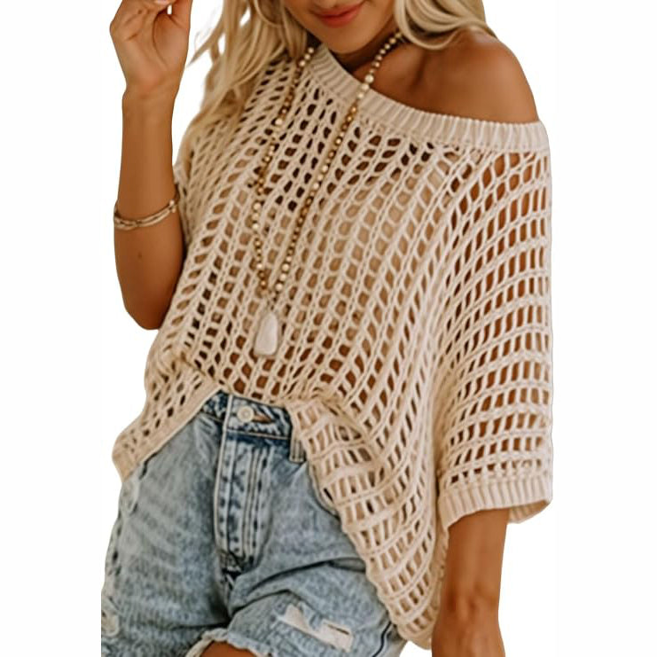 Women's Summer Crochet Top 🌸 Lightweight Hollow Out Knit Short Sleeve Sweater