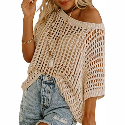 Women's Summer Crochet Top 🌸 Lightweight Hollow Out Knit Short Sleeve Sweater