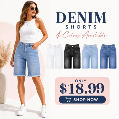 Jean Bermuda Shorts for Women Trendy Mid Rise Raw Hem Knee Length Stretchy Denim Long Shorts