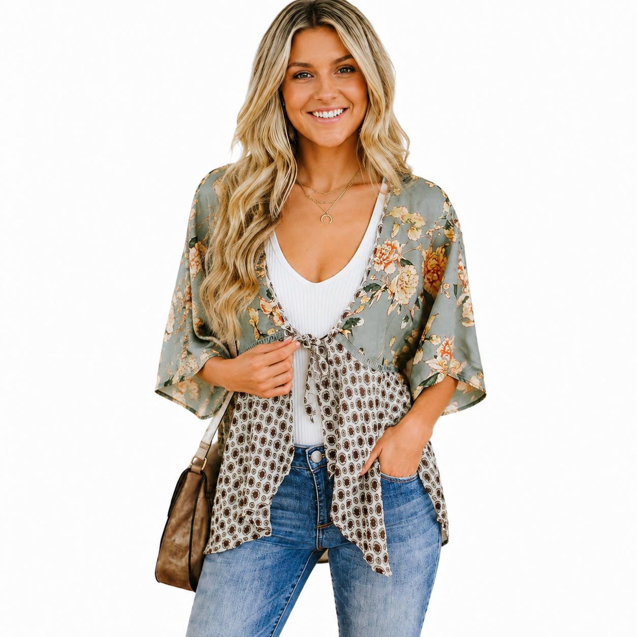 Women's Floral Kimono Cardigan 🌸 Flowy 3/4 Sleeve Tie Front Beach Cover Up Top