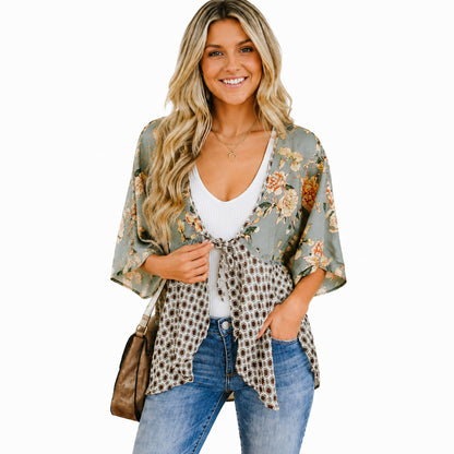 Women's Floral Kimono Cardigan 🌸 Flowy 3/4 Sleeve Tie Front Beach Cover Up Top