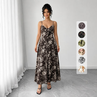 Women's Floral Spaghetti Strap Maxi Dress 🌸 Boho A-Line Summer Dress for Beach Vacation