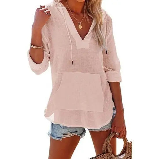 Women's Beach Cover Up Hoodie Long Sleeve V Neck Swim Coverup Shirt with Pocket Lightweight Hooded Tunic Top