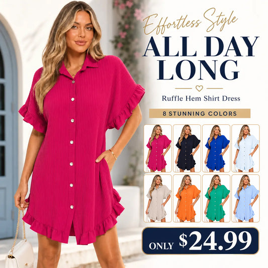 Women's Pleated Shirt Dress ✨ Gold Button Short Sleeve Ruffle Smock Dress
