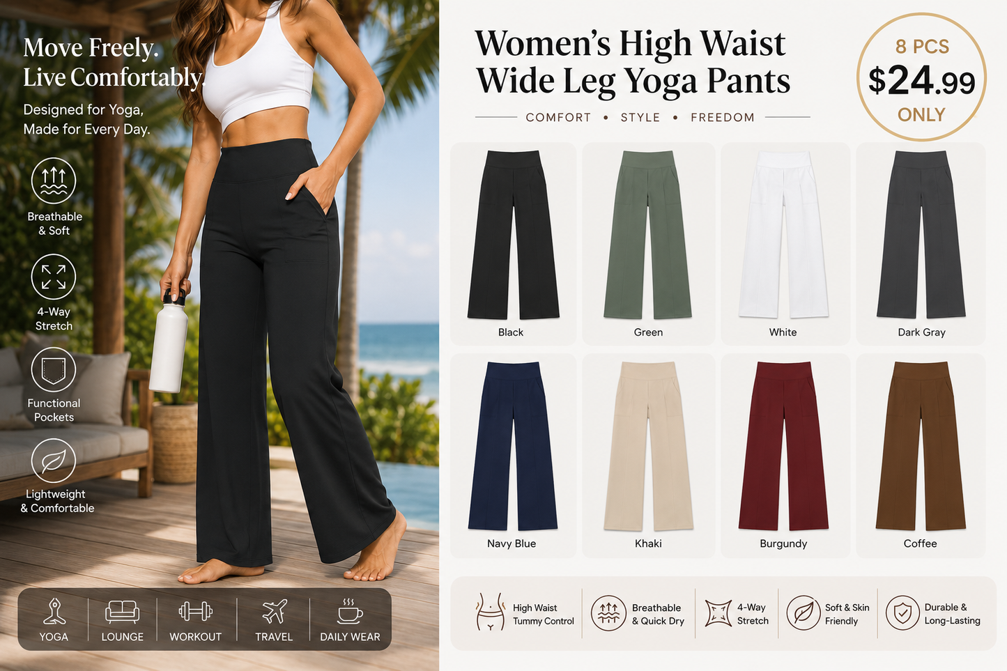 🌟 Chic Women's High Waist Wide Leg Pants 👖 Soft Stretch Yoga Pants with Pockets 💼 Curvy Plus Size | Perfect for Work, Travel & Daily Wear ✨