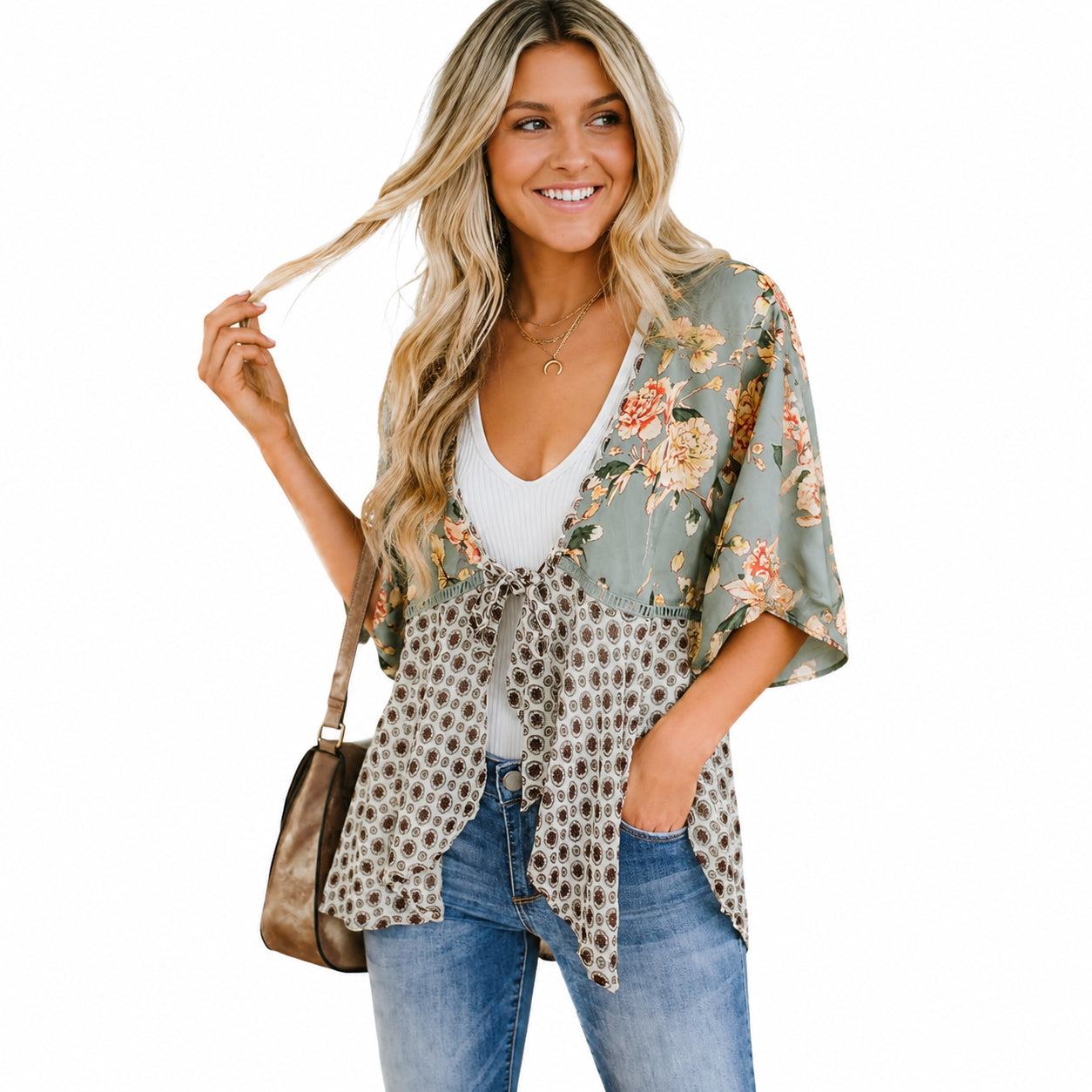 Women's Floral Kimono Cardigan 🌸 Flowy 3/4 Sleeve Tie Front Beach Cover Up Top